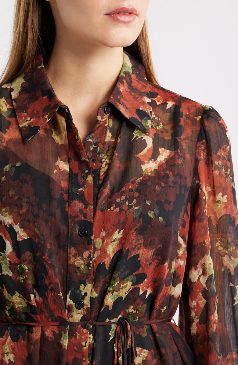 Julia Jordan Floral Long Sleeve Tiered Chiffon Shirtdress, Alternate, color, Brown Multi