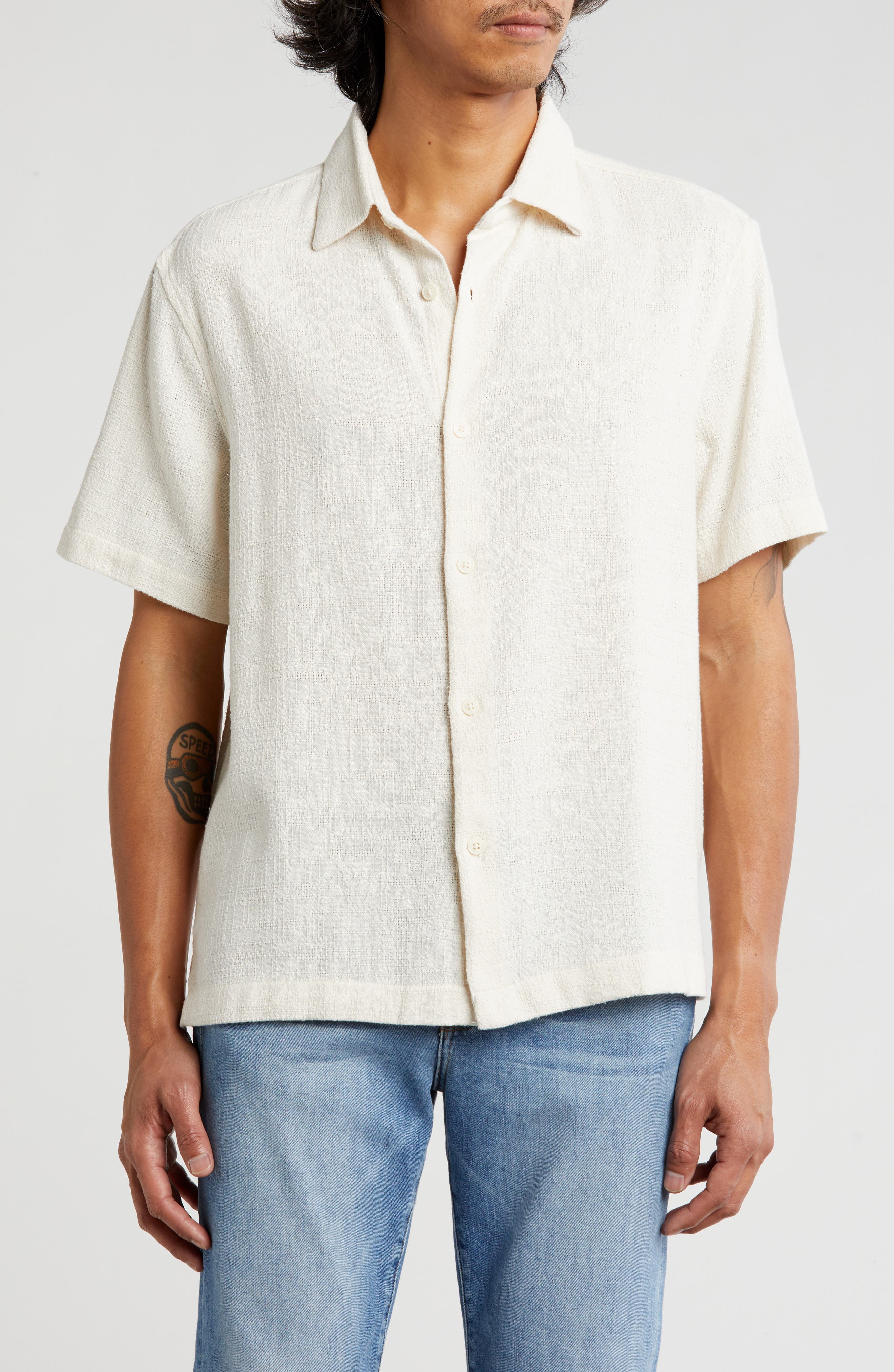 Cactus Man Textured Stripe Short Sleeve Button-Up Shirt