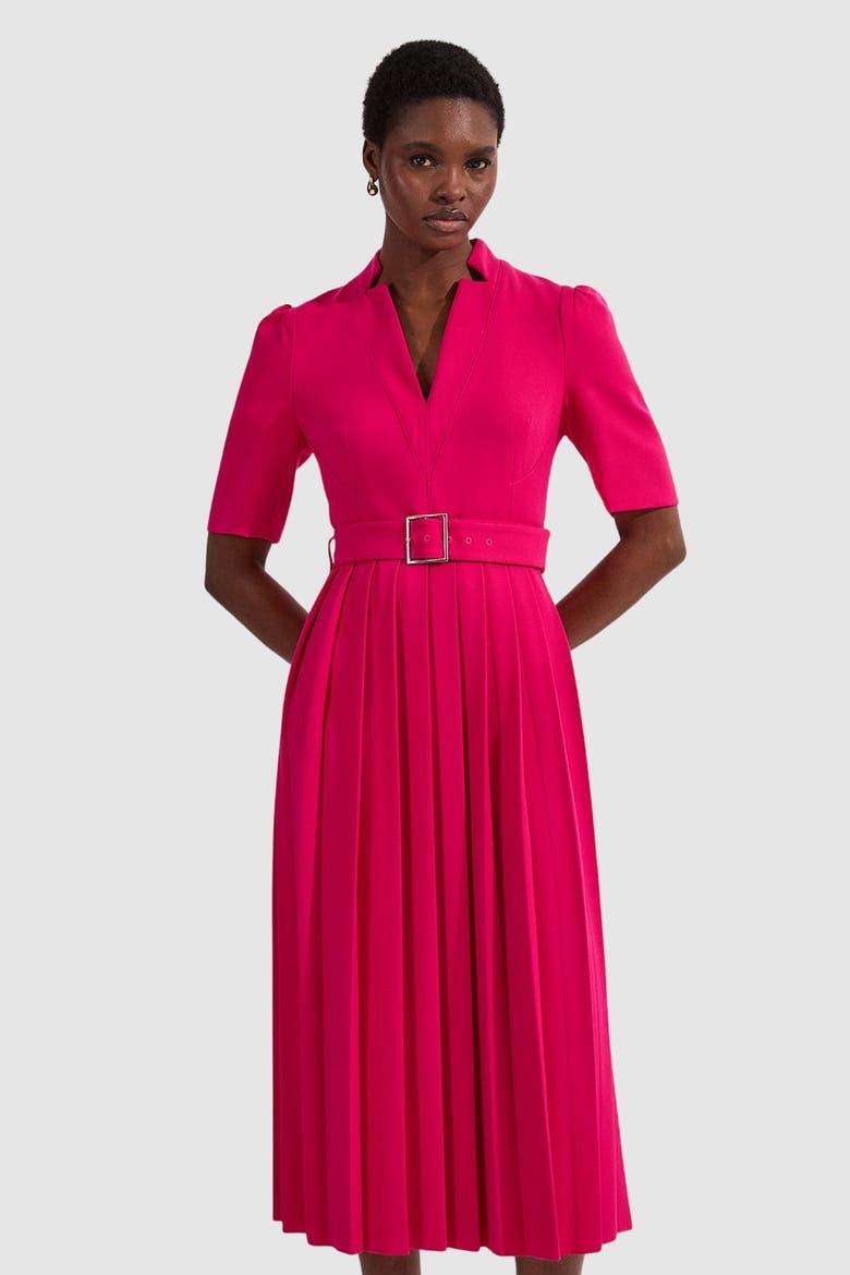Petite Crepe Forever Pleat Midi Dress, Main, color, Magenta