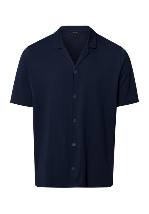Hanro Night And Day Notch Collar Button Front Cotton Shirt In Deep Navy