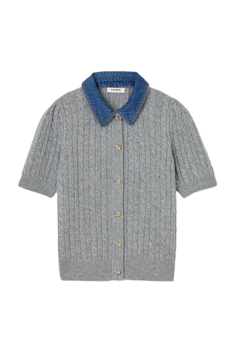 Cardigan with detachable denim collar, Alternate, color, Grey