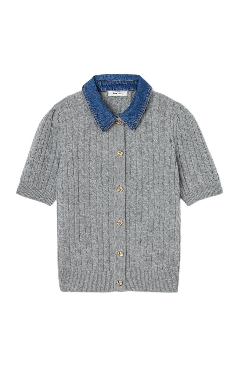 SANDRO Cardigan with detachable denim collar, Alternate, color, Grey