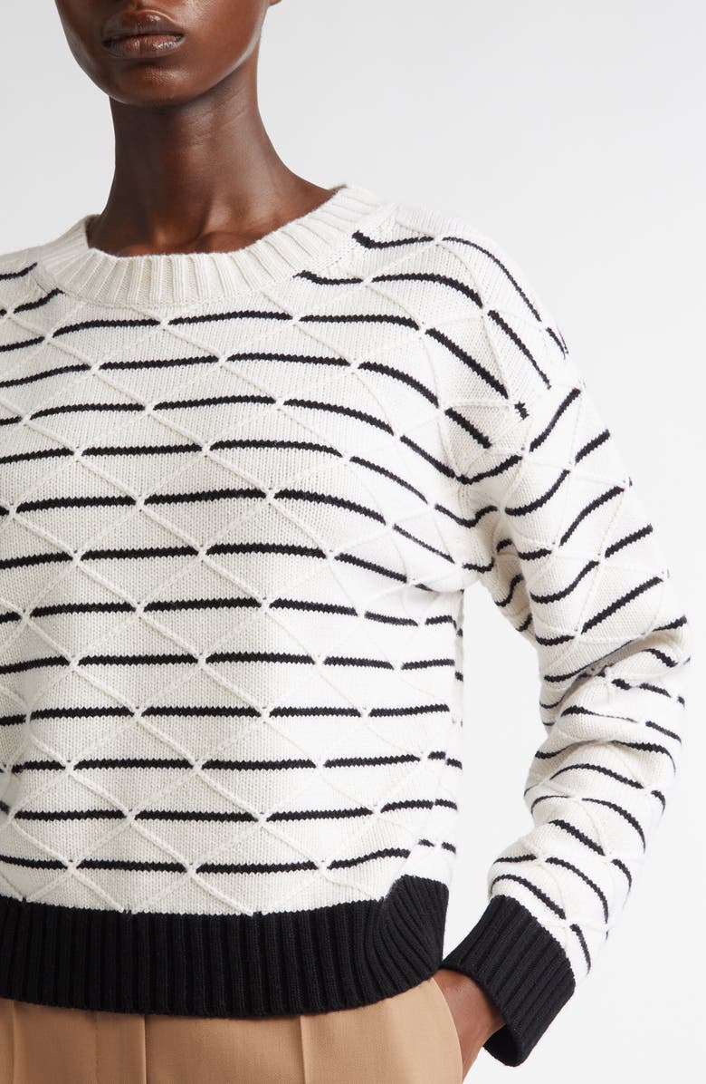 Max Mara Studio Gettone Stripe Diamond Sticth Wool & Cashmere Sweater, Alternate, color, White