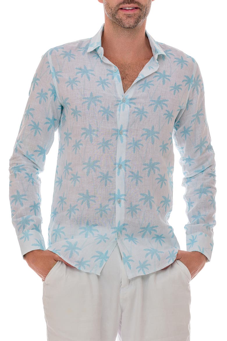 Cross Palm Linen Button-Up Shirt, Main, color, WHITE BLUE
