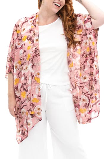 Nina Leonard Semi Sheer Open Front Topper In Pink Multi