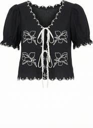 Modenaire Puff Sleeve Embroidered Front Tie Blouse
