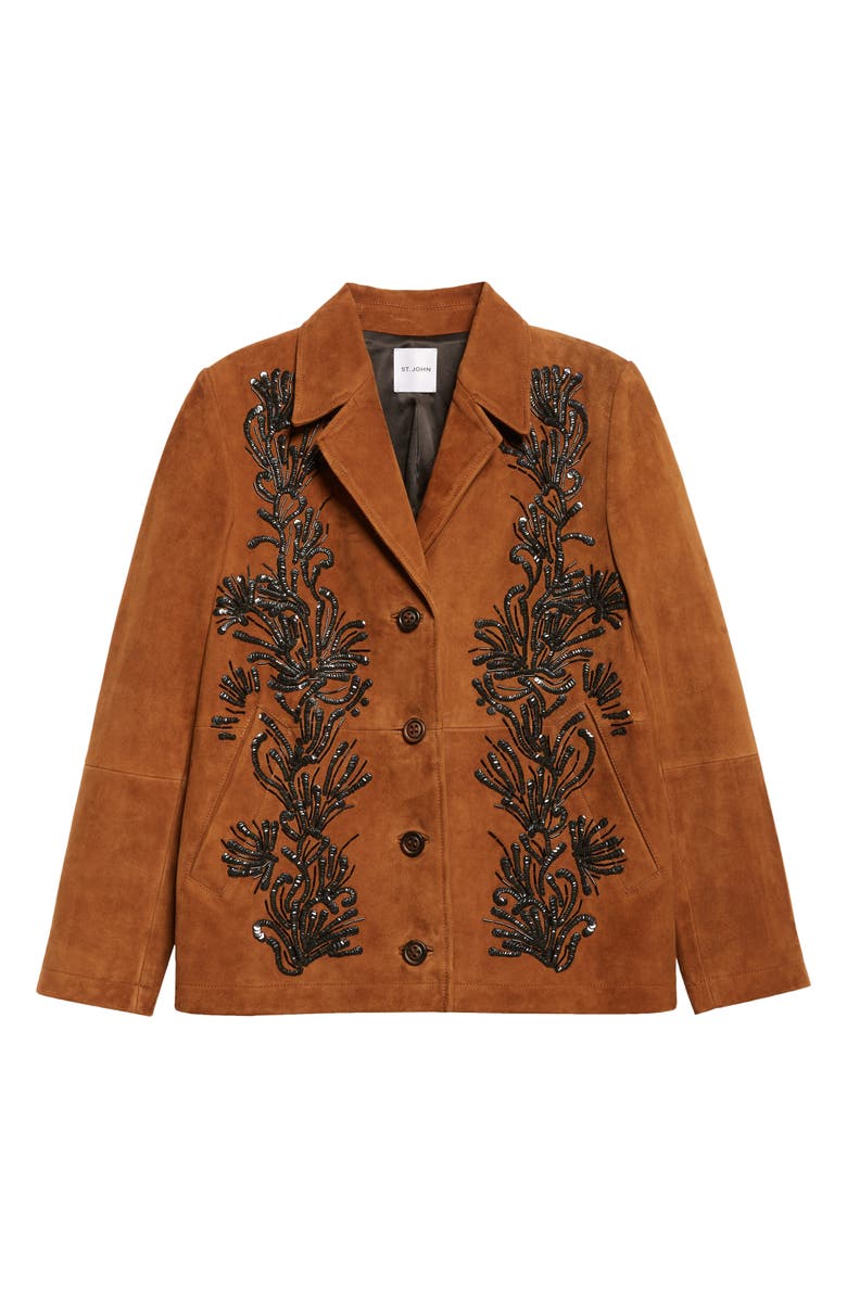 ST. JOHN Ojai Sequin & Bead Embellished Suede Jacket, Alternate, color, Toffee/ Black