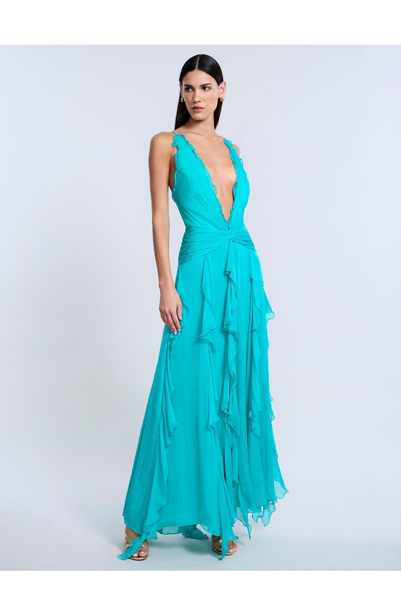 BCBGMAXAZRIA Ruffle Halter Chiffon Gown, Alternate, color, Spectra Green