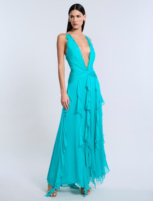 Bcbg Ruffle Halter Chiffon Gown In Blue