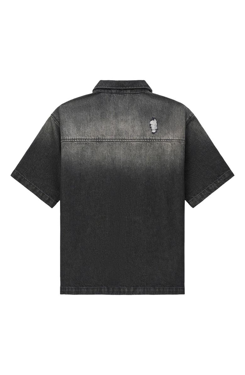 RtA Zeno Distressed Short Sleeve Denim Zip Shirt, Alternate, color, Fray Noir