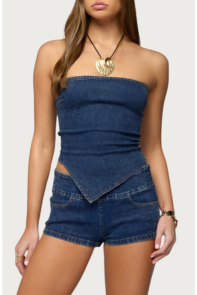 Zaida Strapless Handkerchief Hem Denim Top, Main, color, BLUE