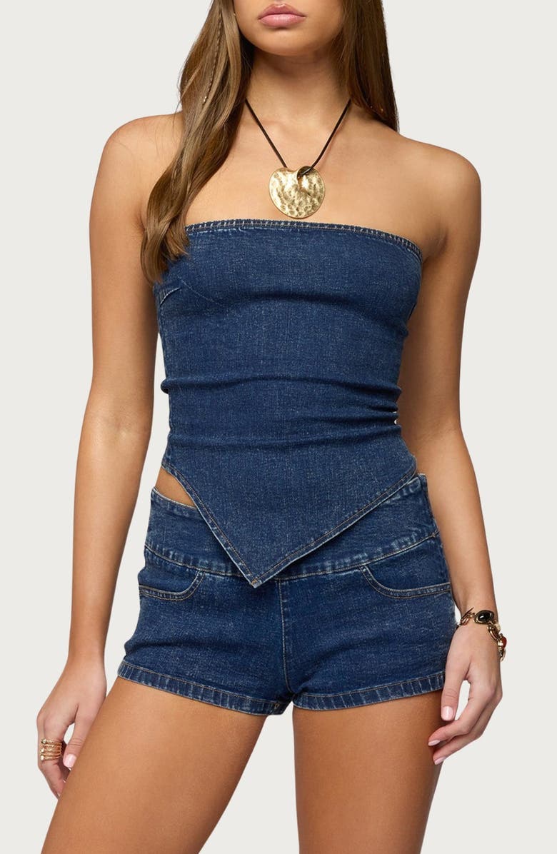 EDIKTED Zaida Strapless Handkerchief Hem Denim Top, Main, color, Blue