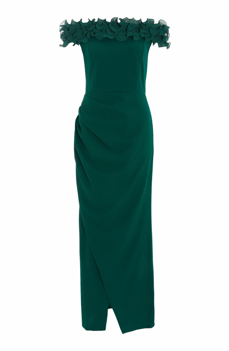 QUIZ Scuba Crepe Ruffle Bardot Ruched Maxi Dress, Alternate, color, 