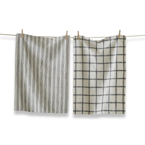 Set of 2 Black Check and Stripe Cotton Kitchen Dishtowels