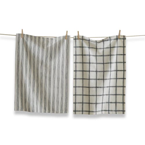 Tag Set Of 2 Black Check & Stripe On Beige Background Cotton Kitchen Dishtowels 26l X 18w In. In Multi