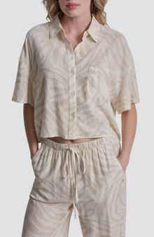 DKNY Jeans Cropped Drop Shoulder Linen Blend Top