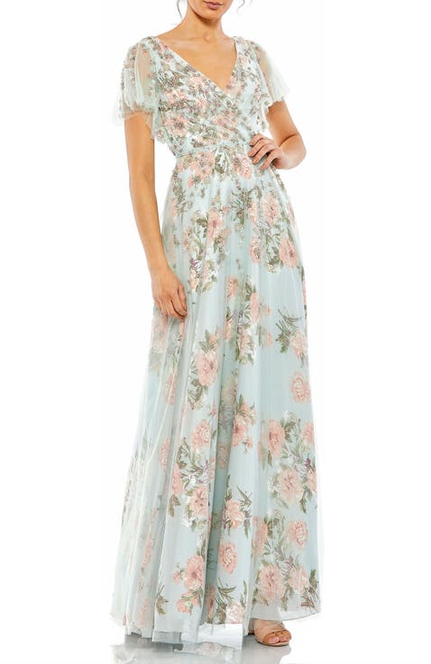 Embellished Floral Gown with Mesh Flutter Sleeves, Beaded Waist & Pleated Bodice