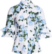Carolina Herrera Rose Print Tiered Ruffle Cuff Button-Up Shirt