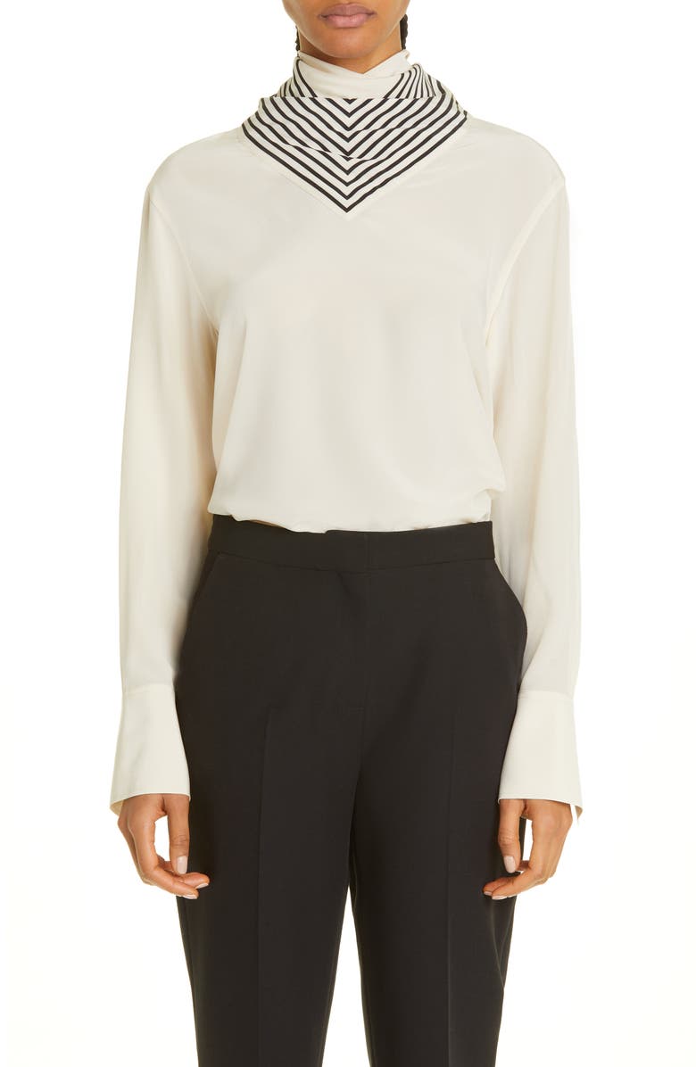 TOTEME Stripe Scarf Detail Silk Blouse, Main, color, 