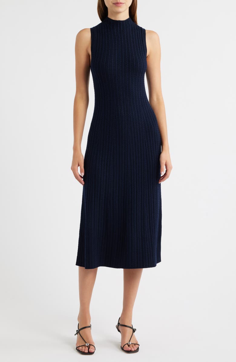 Theory Cable Stitch Sleeveless Wool Blend Sweater Midi Dress, Main, color, Dark Navy