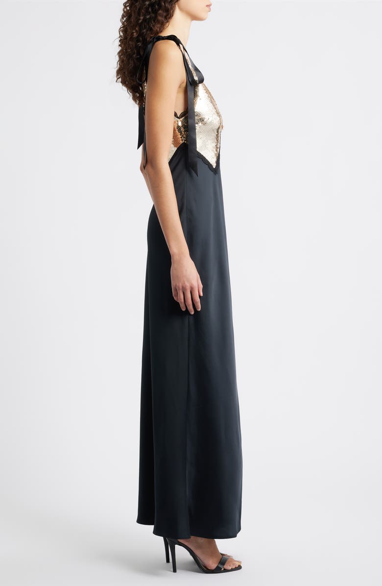 LoveShackFancy Talissa Sequin Sleeveless Satin Maxi Dress, Alternate, color, Black