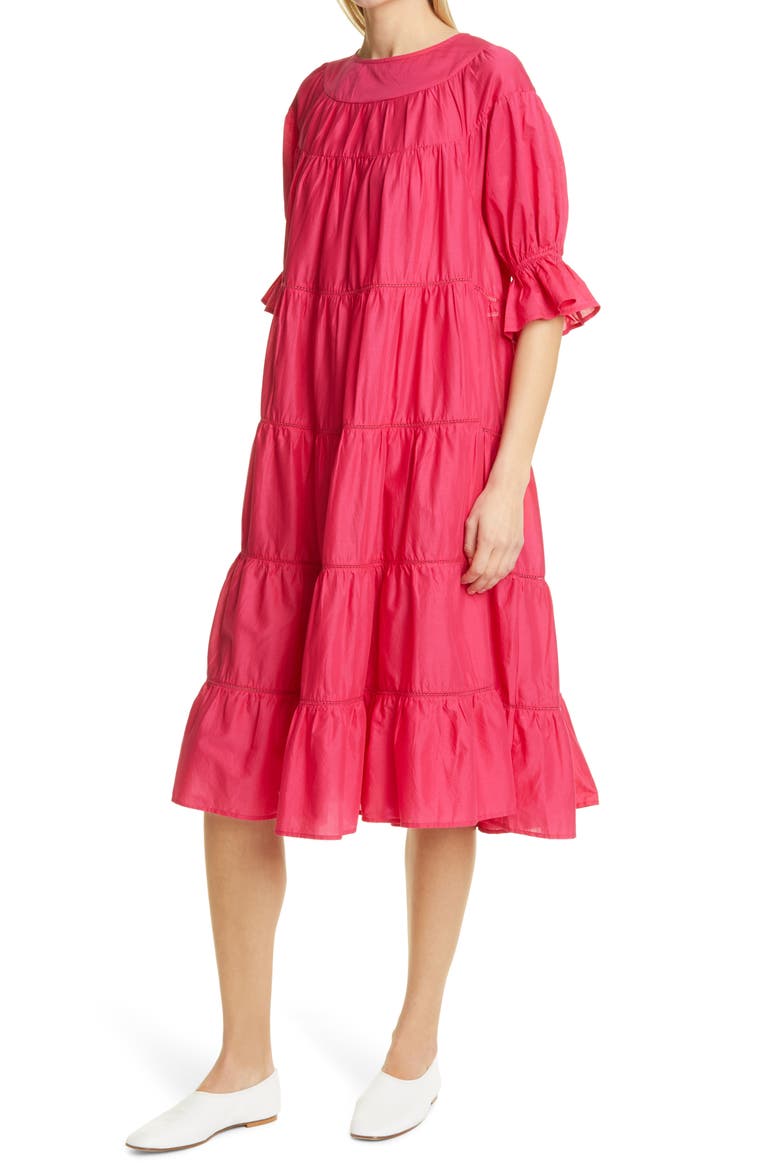 Paradis Tiered Puff Sleeve Cotton Dress, Alternate, color, SHOCKING PINK