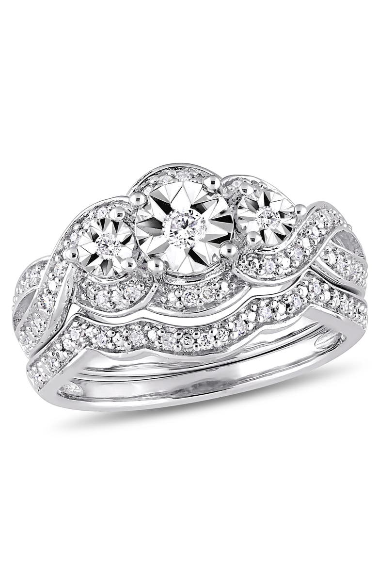 Julianna B. Diamond 3-Stone Bridal Ring Set, Main, color, Sterling Silver