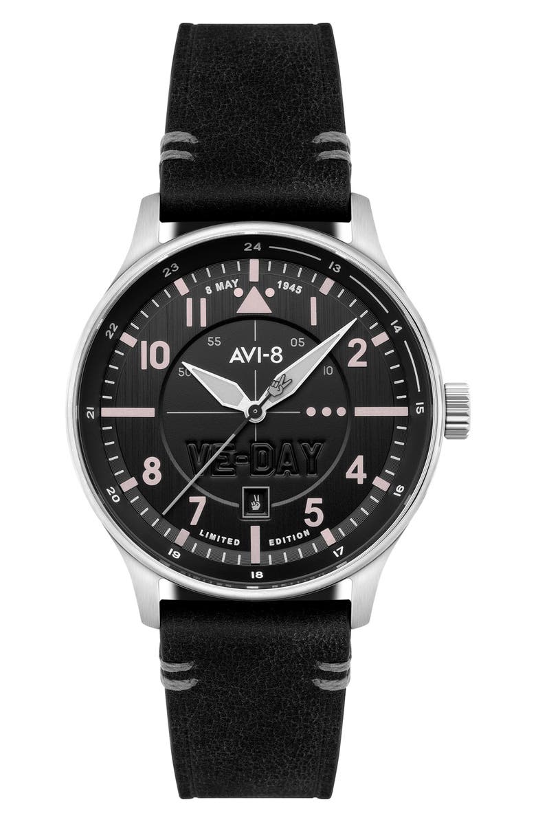 AVI-8 Hawker Hurricane Kent Leather Strap Watch, 43mm, Main, color, Black