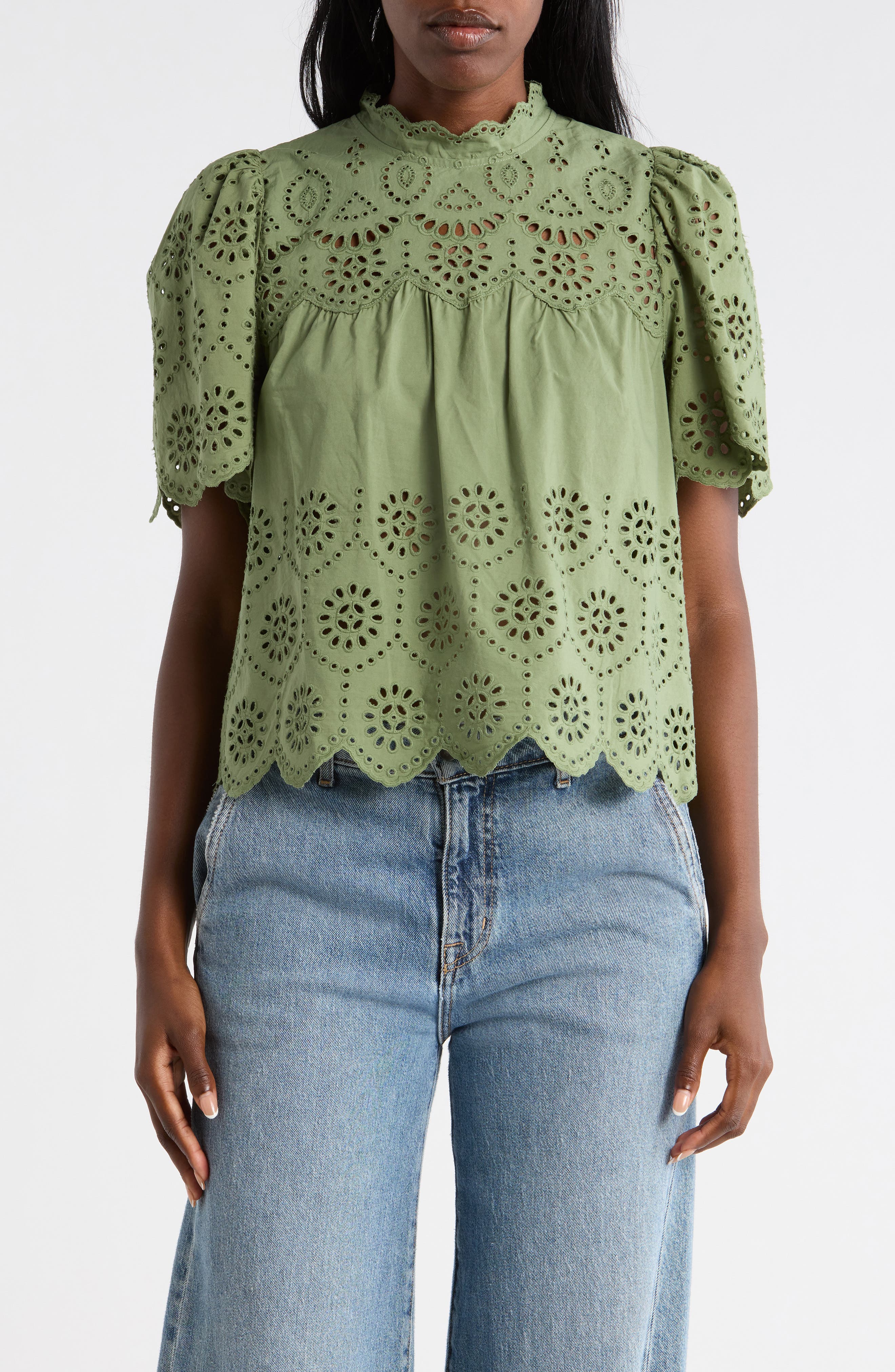 T Tahari Embroidered Eyelet Short Sleeve Cotton Top