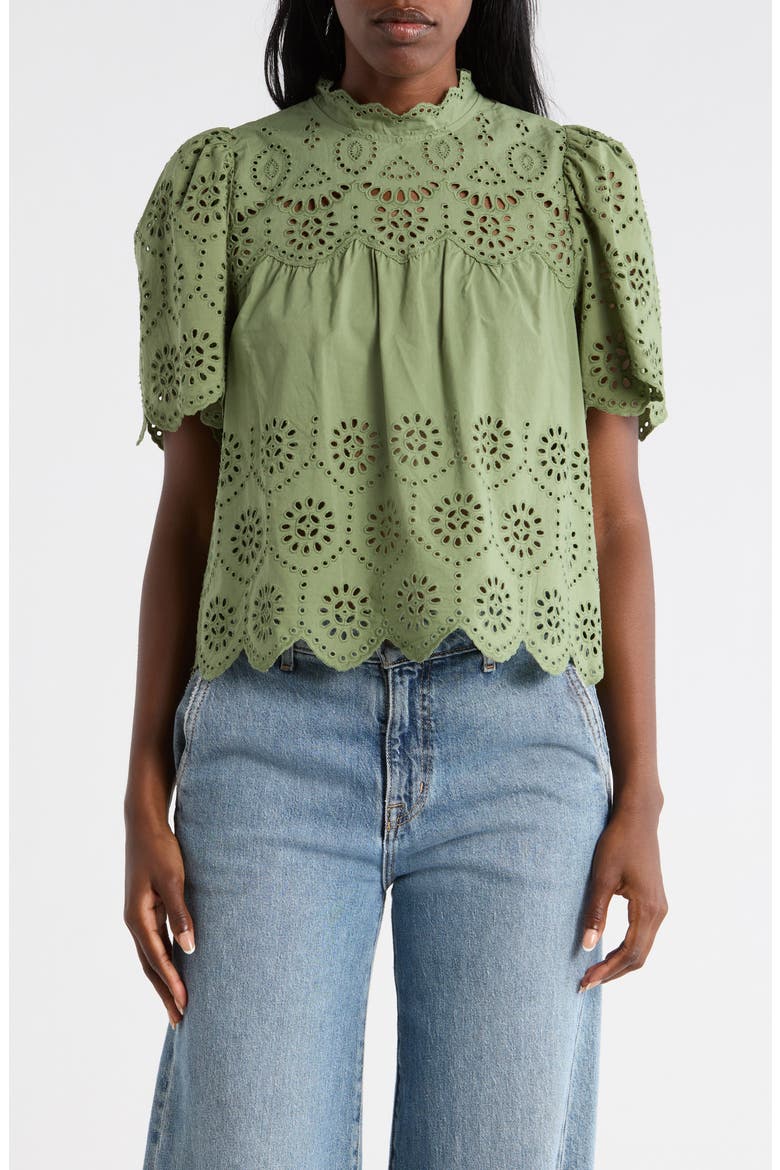 Embroidered Eyelet Short Sleeve Cotton Top, Main, color, FAIR GREEN