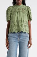 T Tahari Embroidered Eyelet Short Sleeve Cotton Top