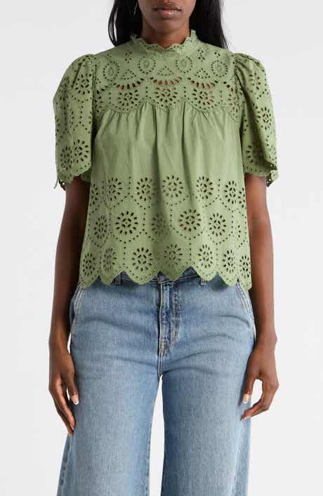 T Tahari Embroidered Eyelet Short Sleeve Cotton Top