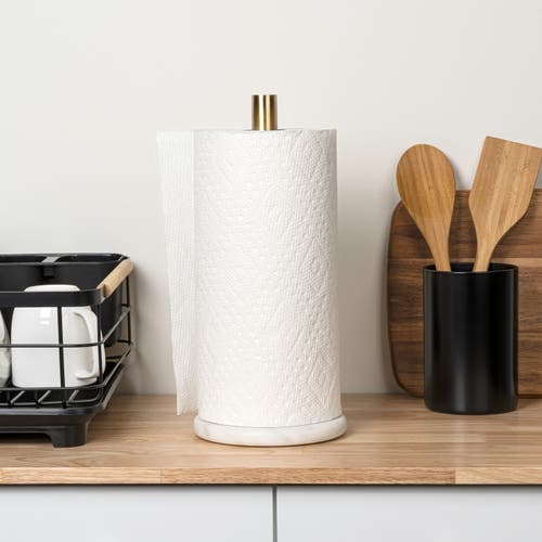 Happimess Avery Modern Classic Metal With Non Slip Weighted Marble Base Paper Towel Holder In Gold
