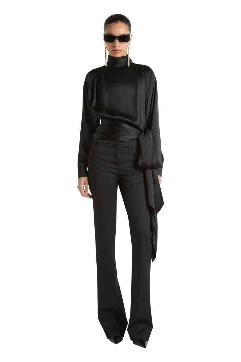 Silk satin blouse with tie detail, Alternate, color, black