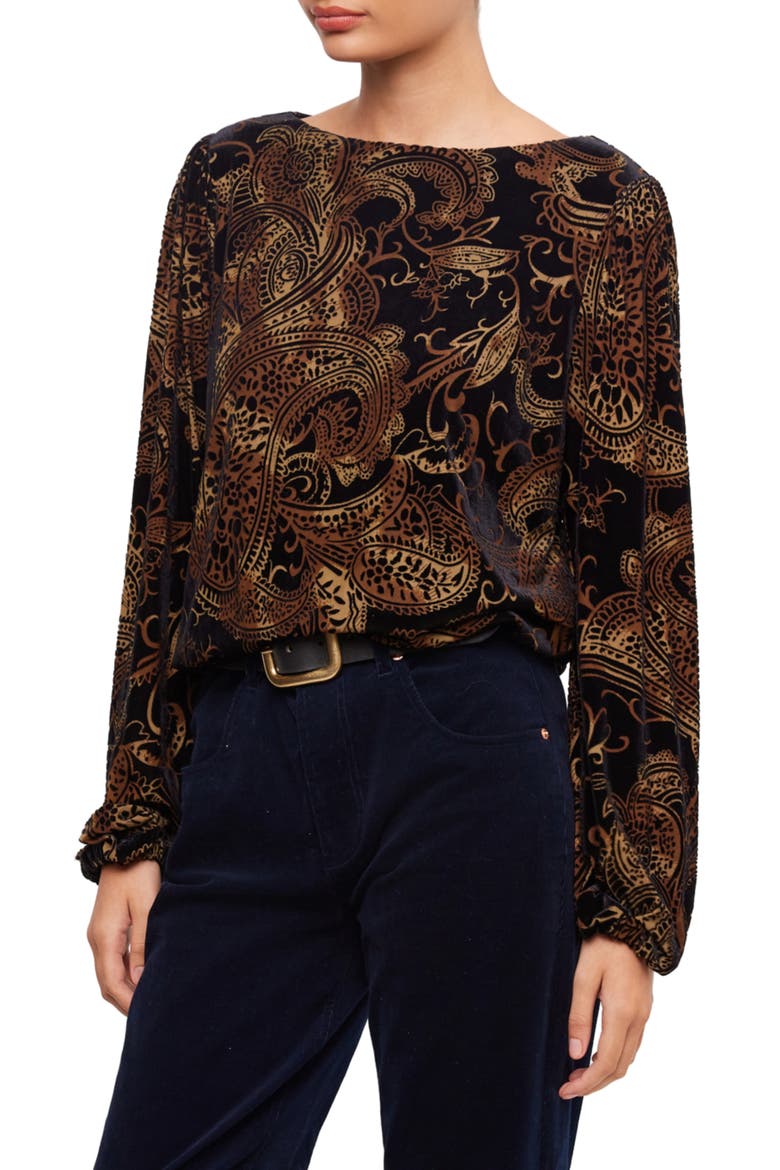 Velvet Burnout Boatneck Top, Alternate, color, BLACK W/ BROWN