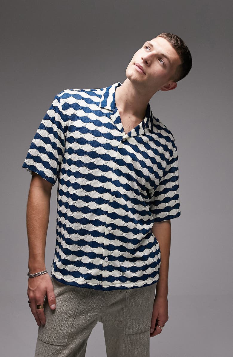 Topman Wavy Stripe Crochet Button-Up Camp Shirt, Main, color, 