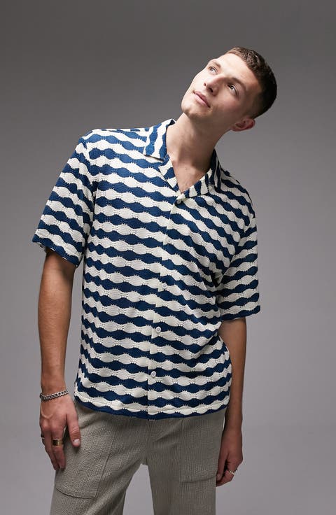 Wavy Stripe Crochet Button-Up Camp Shirt