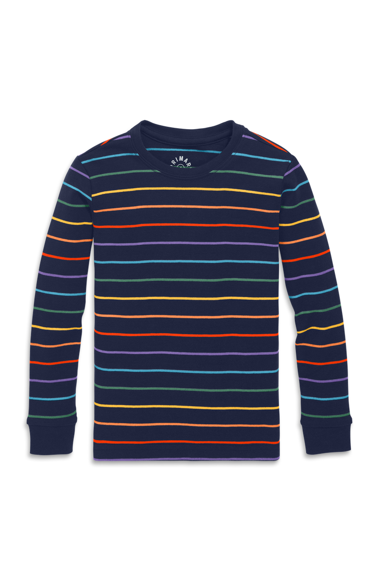 Primary Kids Organic Long Sleeve Pj Top In Rainbow Stripe, Main, color, Navy/ Rainbow Stripe