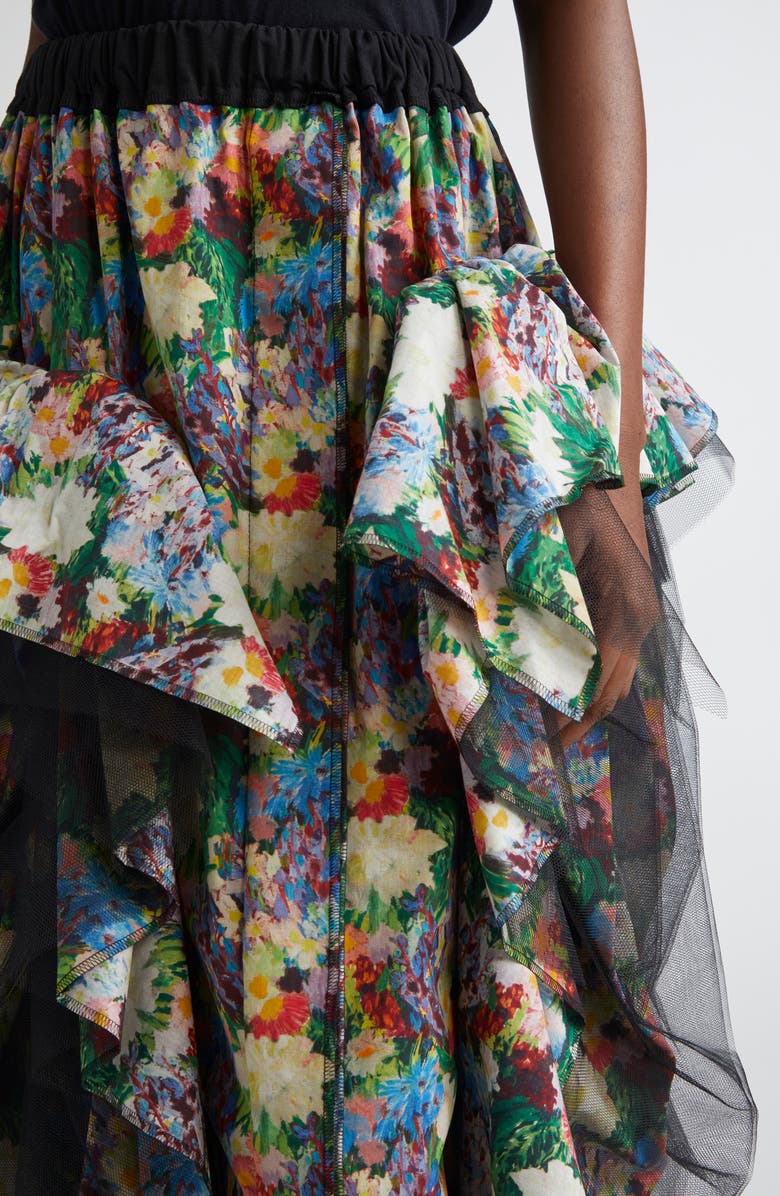 Tao Comme des Garçons Gathered Tulle & Floral Print Cotton MIdi Skirt, Alternate, color,