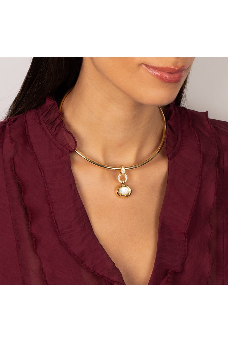 Polished Bezel Pearl Tube Open Collar Necklace, Alternate, color, Gold