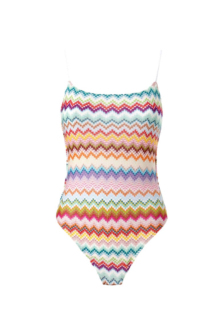 One-piece Swimsuit In Lamé Viscose With Pixel-effect Zigzag Pattern, Alternate, color, Multicoloured