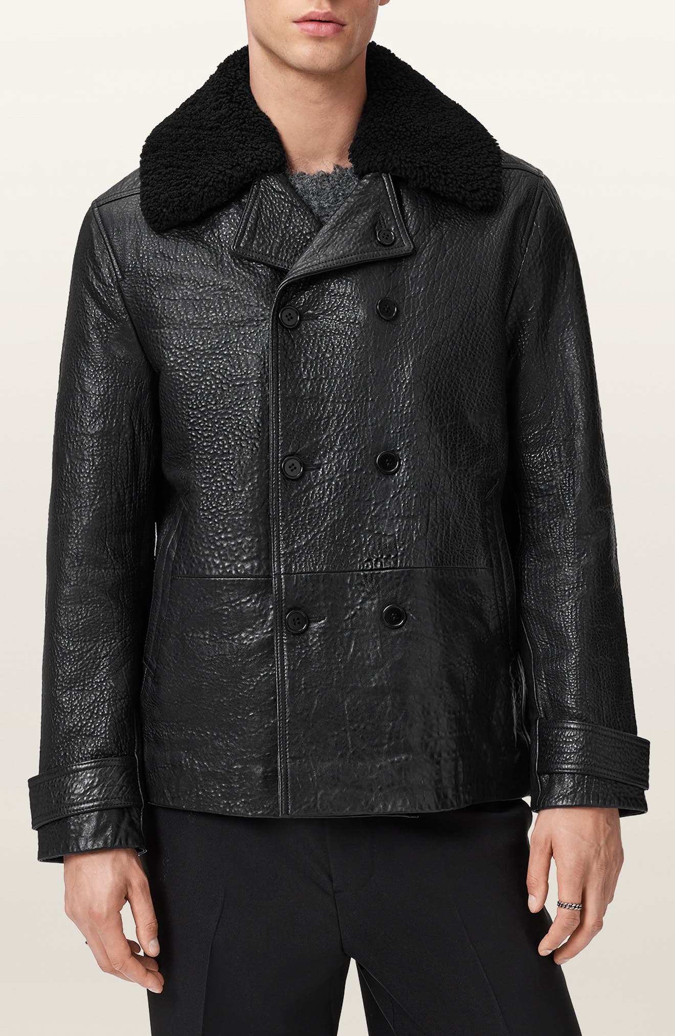 Allsaints Hamlet Genuine Shearling Trim Leather Coat In Black