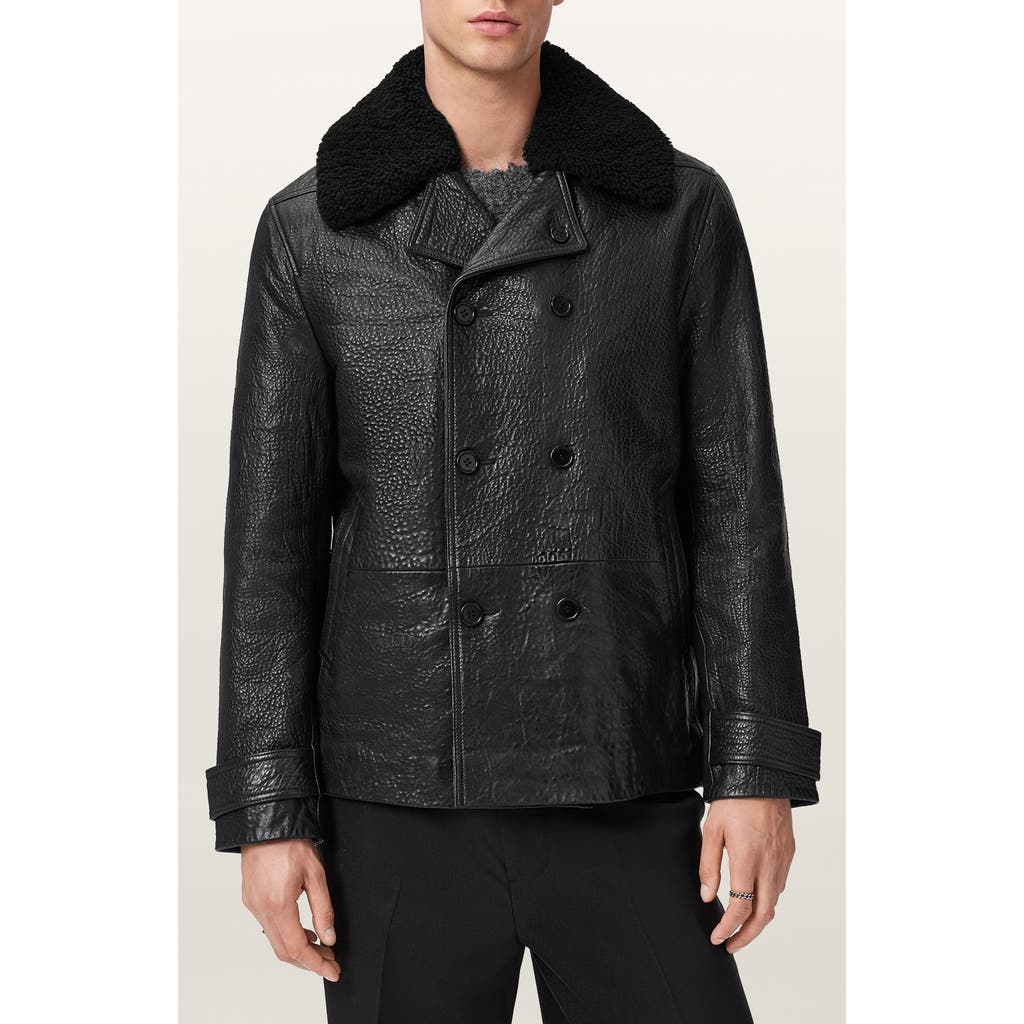 Allsaints Hamlet Genuine Shearling Trim Leather Coat In Black