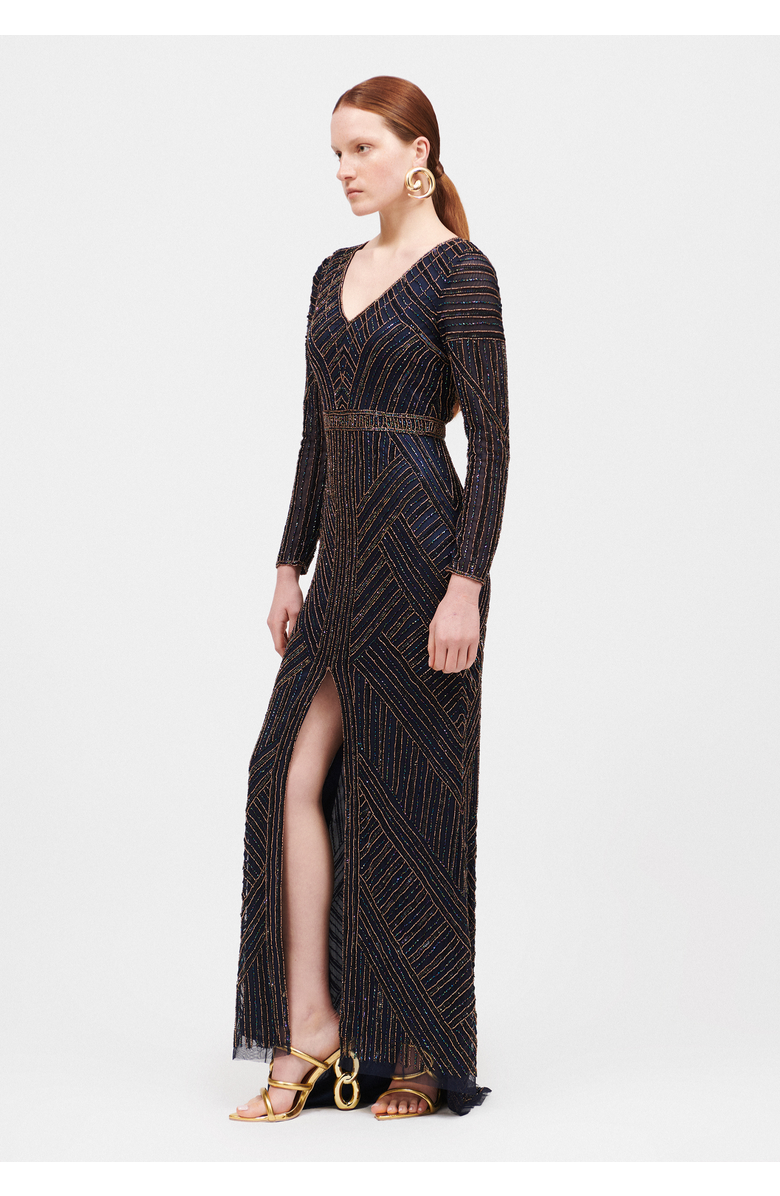 BEAUUT Occasion Embellished Sequin Beaded V Neck With Long Sleeves Evening Maxi Dress, Alternate, color,