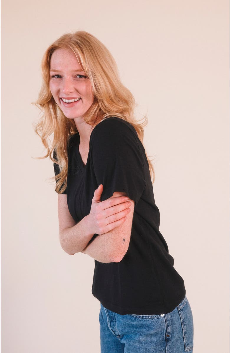 POPLINEN Louise Organic Cotton + Tencel V-neck Tee, Alternate, color, Black