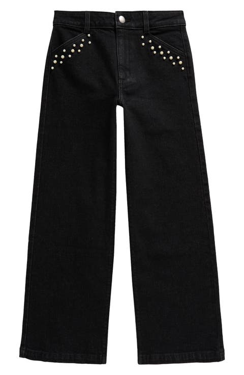 Kids' Faux Pearl Embellished Wide Leg Denim Jeans (Big Kid)