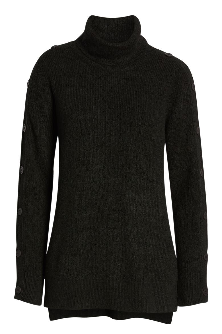 Button Sleeve Turtleneck Sweater, Alternate, color, BLACK