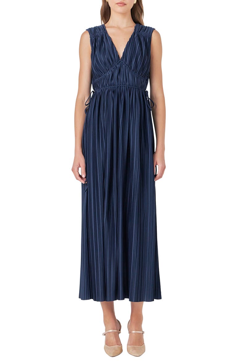 Sleeveless Micropleat Maxi Dress, Main, color, NAVY