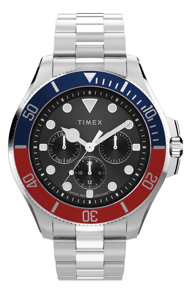 Timex<sup>®</sup> Harborside Coast Multifunction 43mm Stainless Steel Bracelet Watch, Main, color, Black/ Silver-Tone
