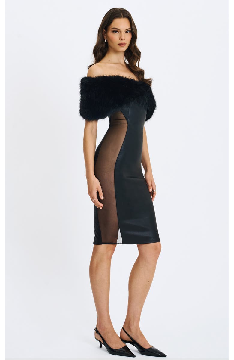 Miss Circle Bellis Faux Fur Trim Mesh Panel Off-Shoulder Midi Dress, Alternate, color, Black